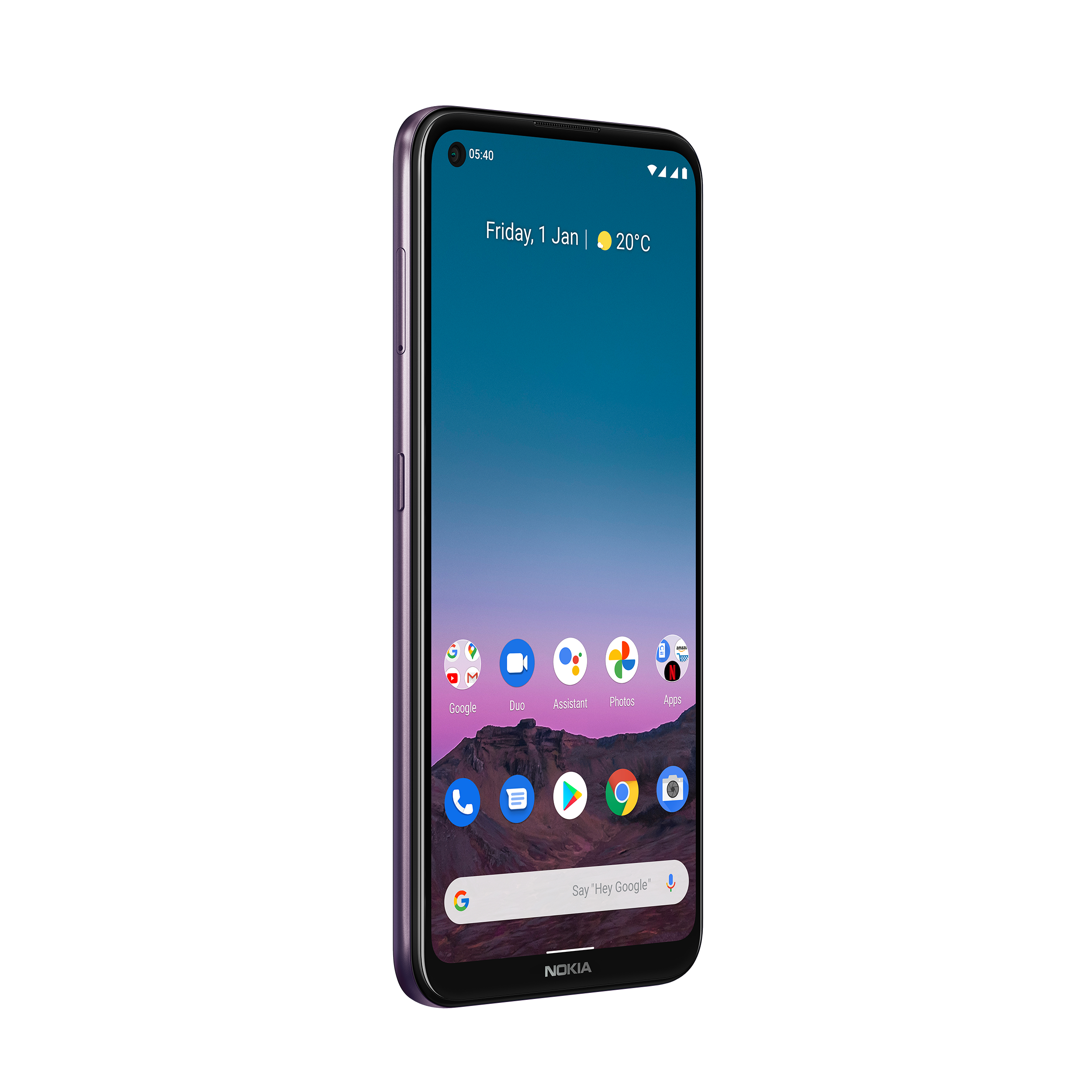 Schwarzes Telefon mit lila Rahmen, zeigt Startbildschirm. Weißer Hintergrund.