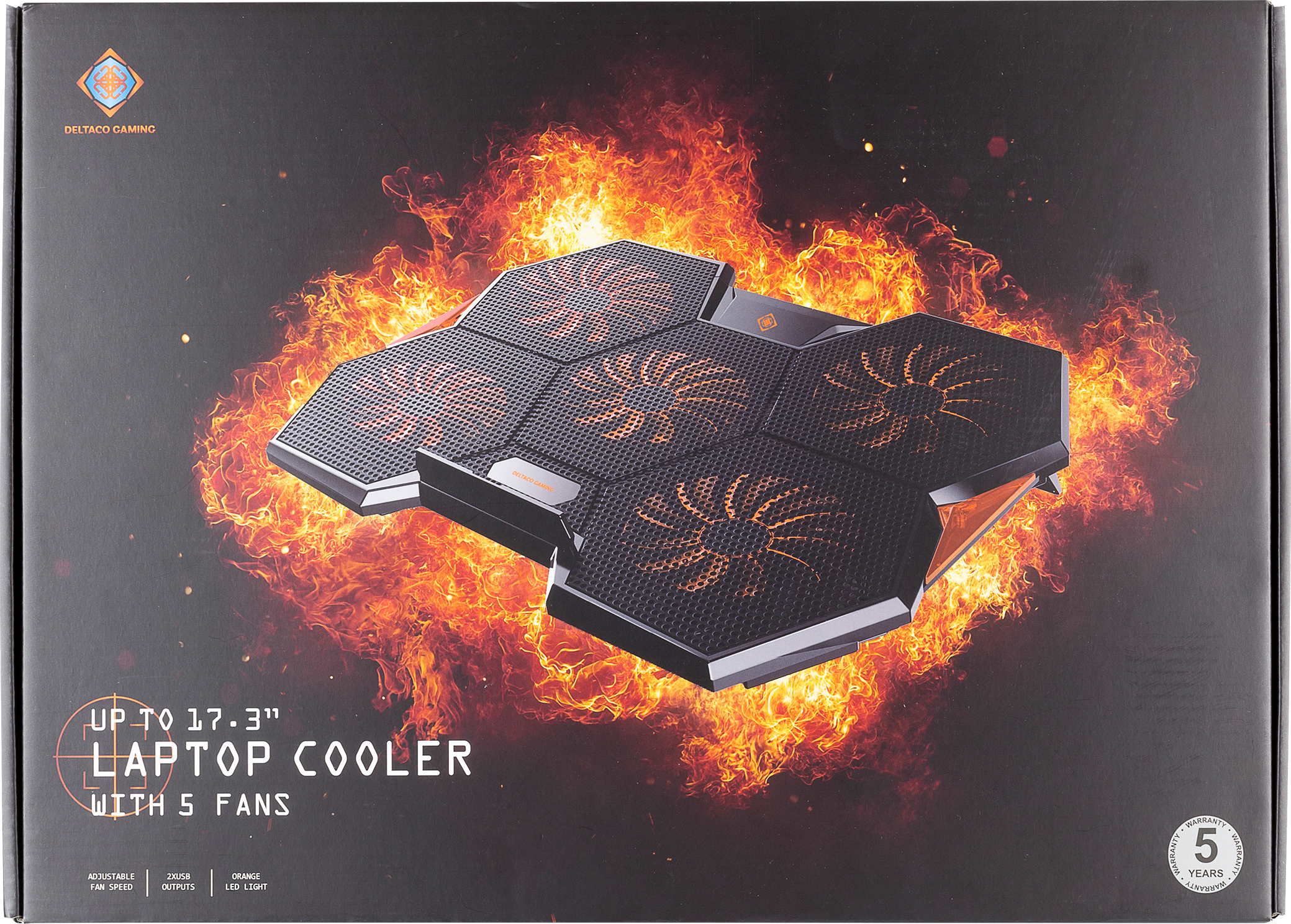 Boîte de refroidisseur pour ordinateur portable avec une image d'un refroidisseur avec des lumières oranges et du texte sur un fond de feu.