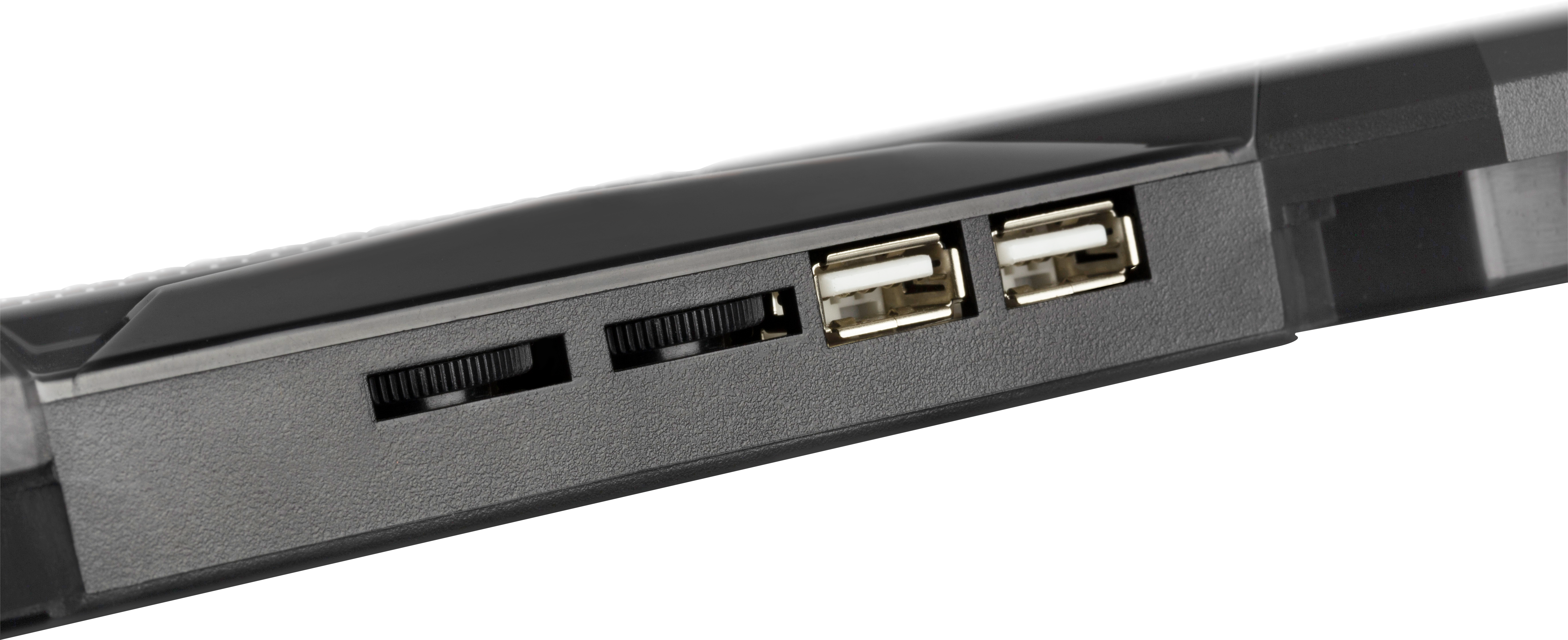 Gros plan d'un hub USB noir avec des ports USB et des molettes de contrôle.
