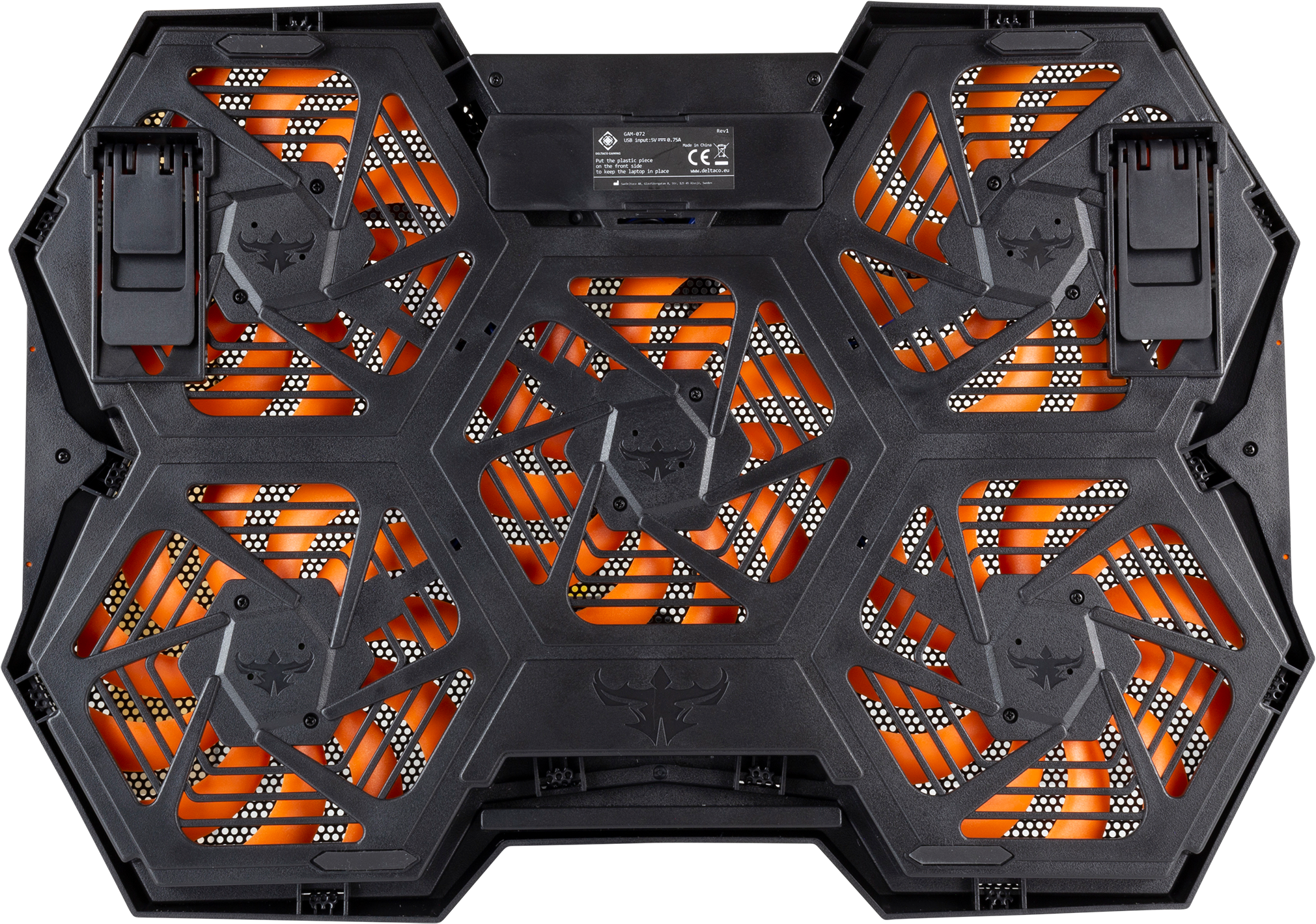 Refroidisseur d'ordinateur portable noir avec ventilateurs orange, vue inférieure.