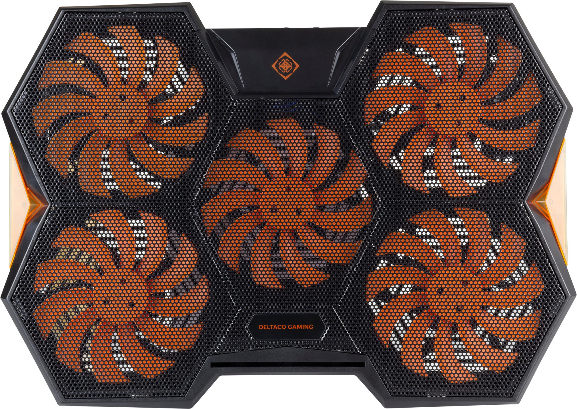 Un refroidisseur d'ordinateur portable noir avec plusieurs ventilateurs orange.