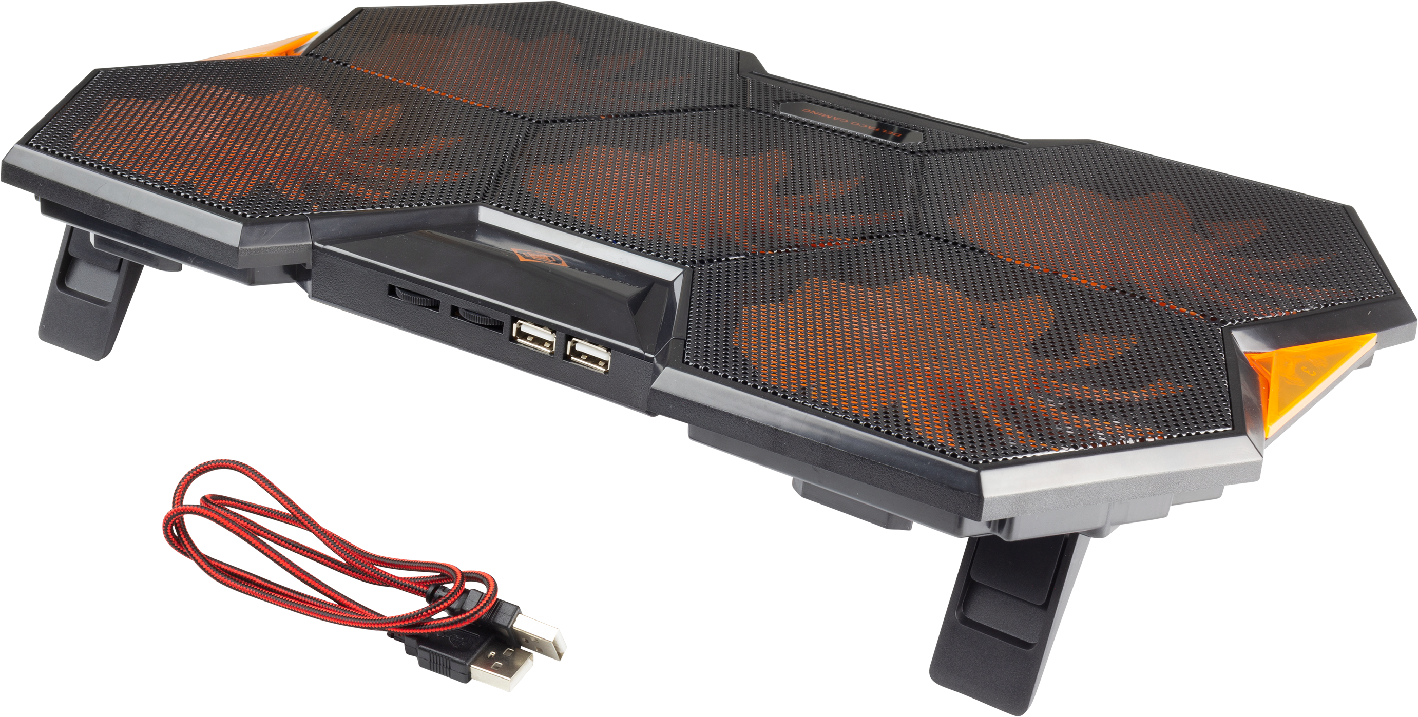 Refroidisseur pour ordinateur portable, noir et orange, avec ventilateurs, ports USB et câble rouge et noir.