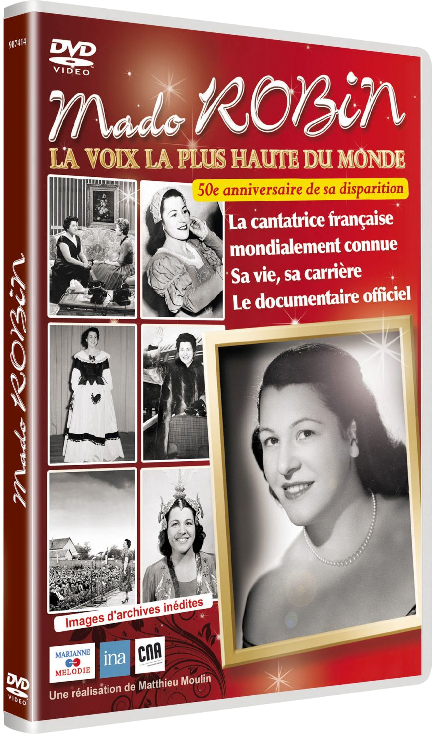 Couverture de DVD pour Mado Robin, un documentaire. Présente des photos de la chanteuse. Fond blanc.