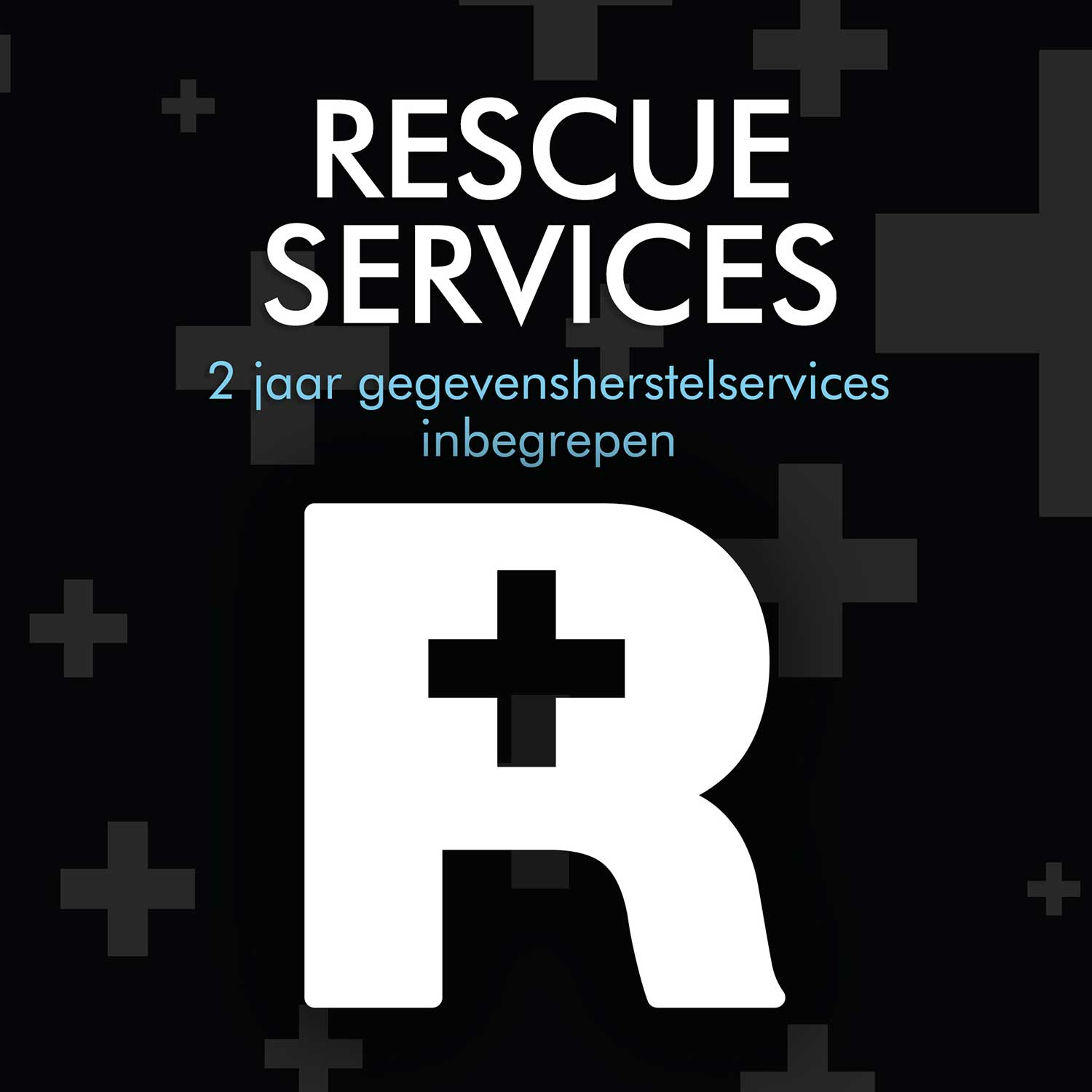 Rescue Services logo with a white cross on a white R against a black background.