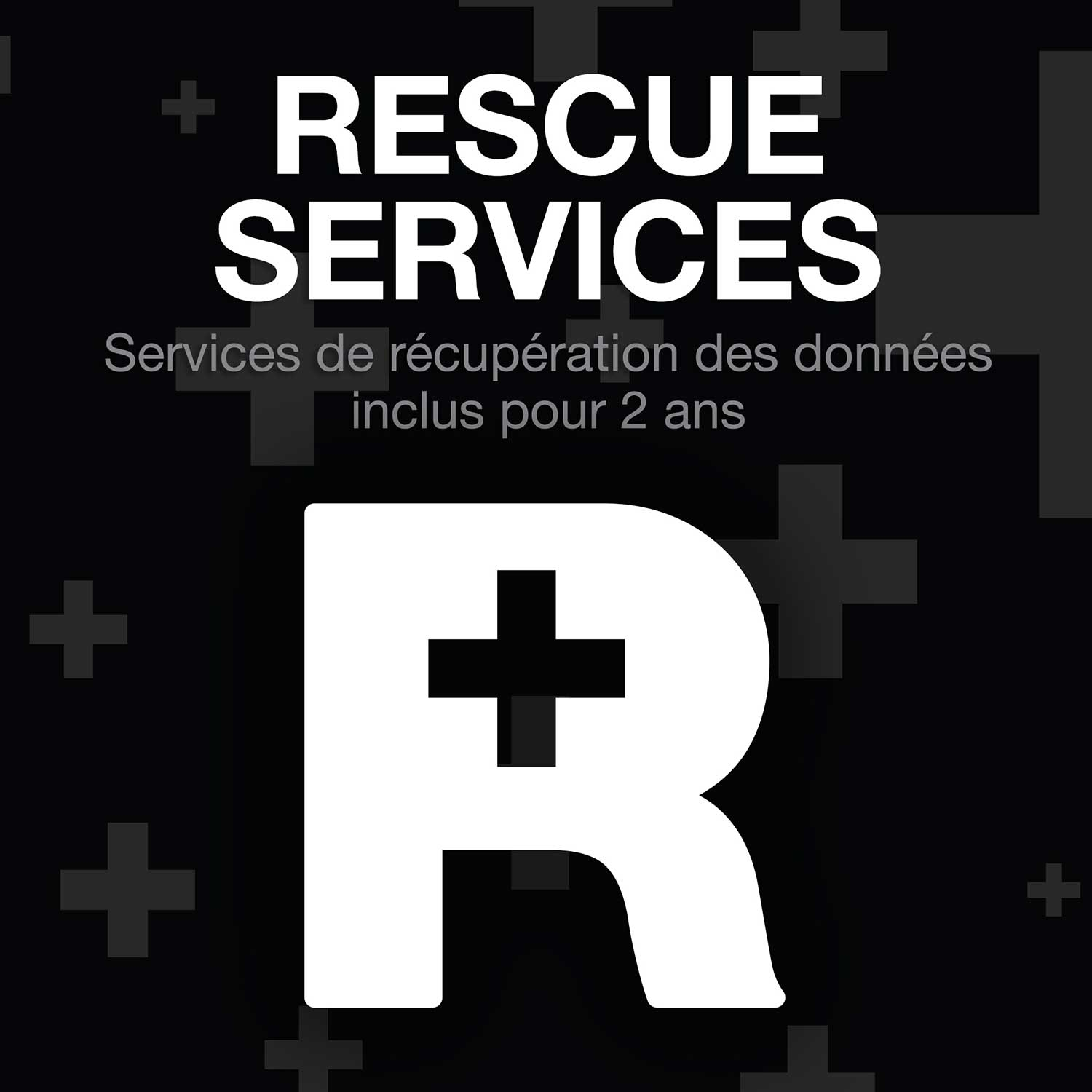 Logo with the text: RESCUE SERVICES, Services de récupération des données inclus pour 2 ans.