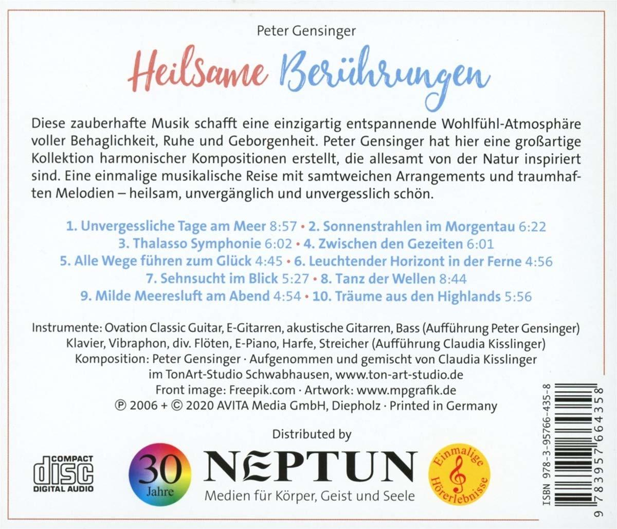 CD-Cover mit Text 'Heilsame Berührungen'. Titelliste und Credits. Compact Disc Logo. Weißer Hintergrund.