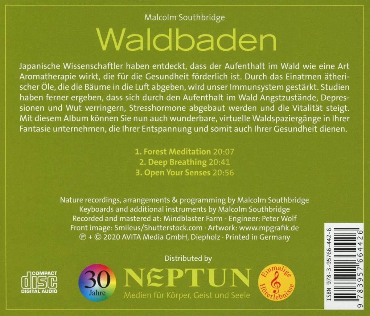 CD-Cover für "Waldbaden" von Malcolm Southbridge, mit Text und Künstlerinfo.