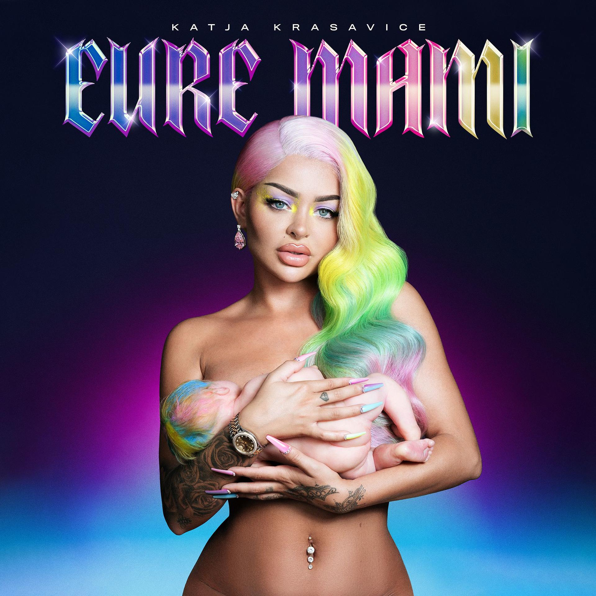 Albumcover: Frau hält Baby. Titel 'EURE MAMI' in fetten Buchstaben. Buntes Haar und Hintergrund.
