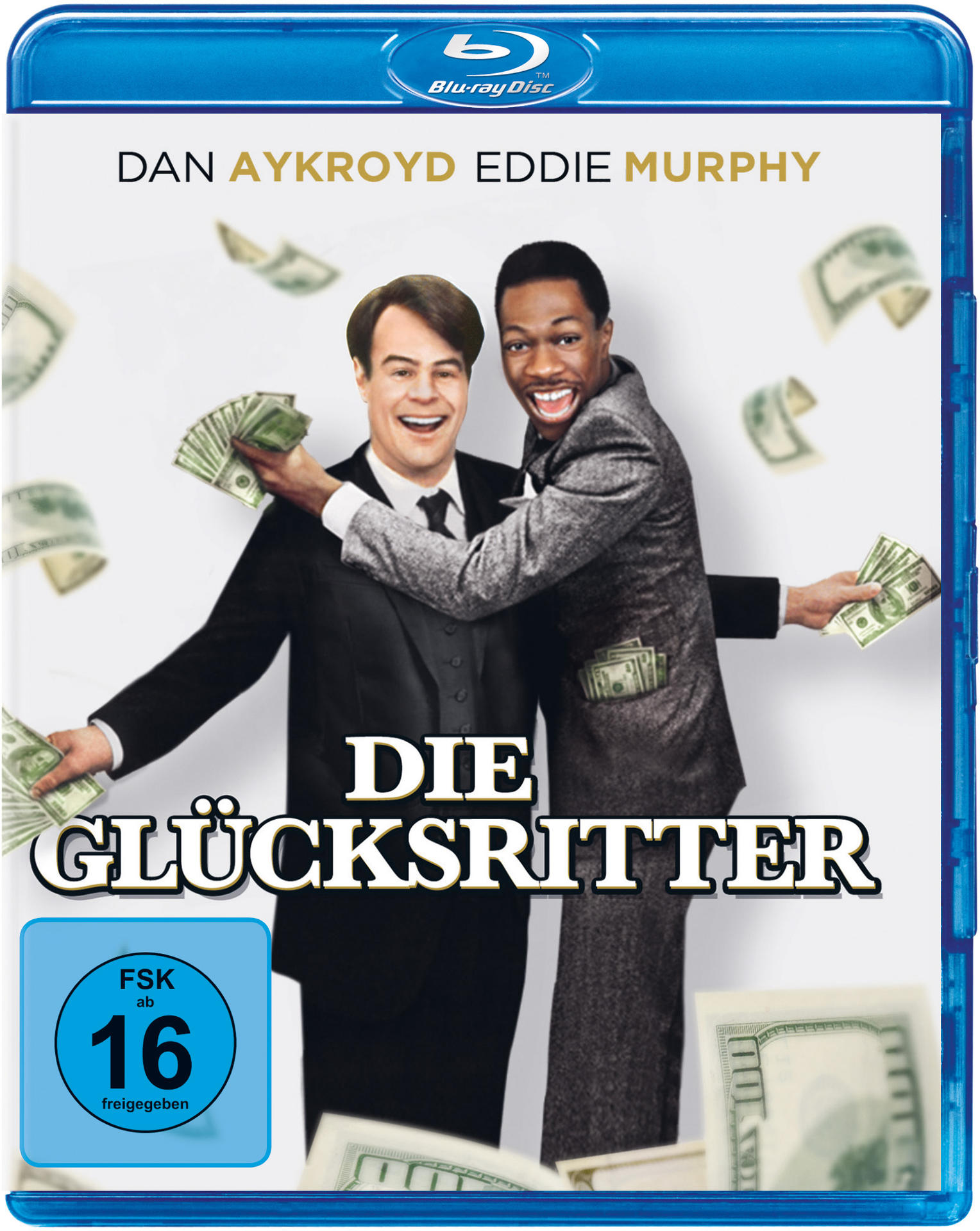 Filmcover, Dan Aykroyd und Eddie Murphy halten Geld. Titel: Die Glücksritter. Blu-ray Disc.