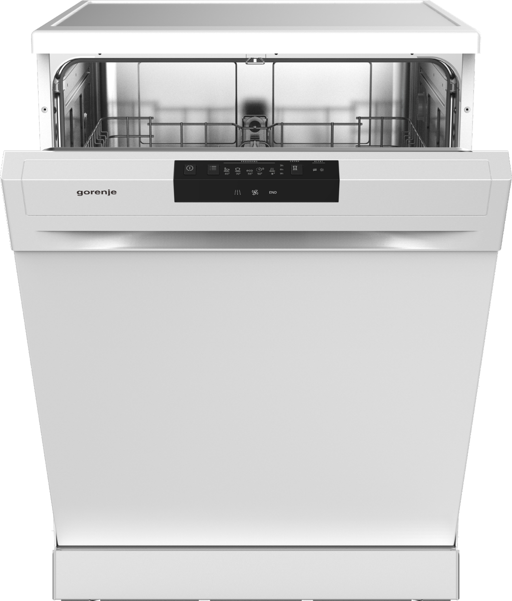 Fehér Gorenje mosogatógép nyitott ajtóval, a belső polcokat mutatva.
