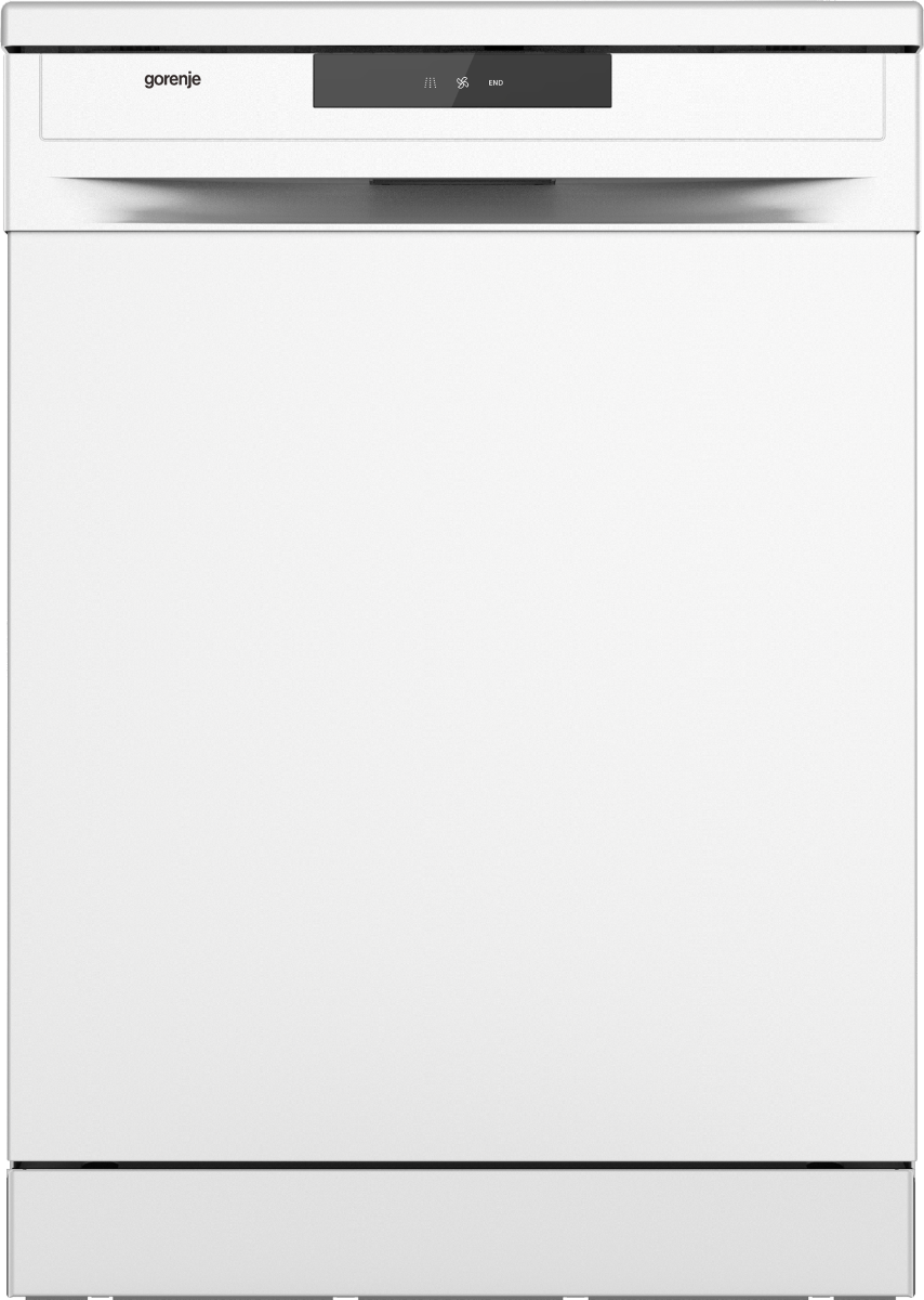 Egy fehér Gorenje mosogatógép. Az előlap tiszta, minimalista dizájnnal rendelkezik, felül egy kis kijelzővel.