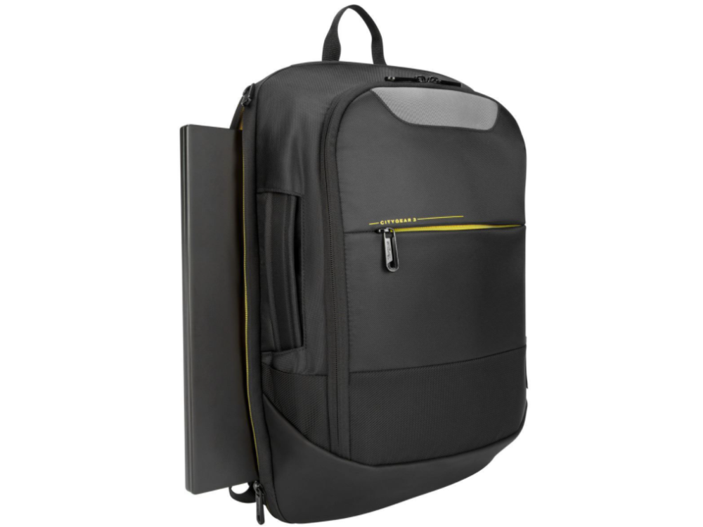 Mochila negra con portátil. Detalles amarillos. Asa en la parte superior.