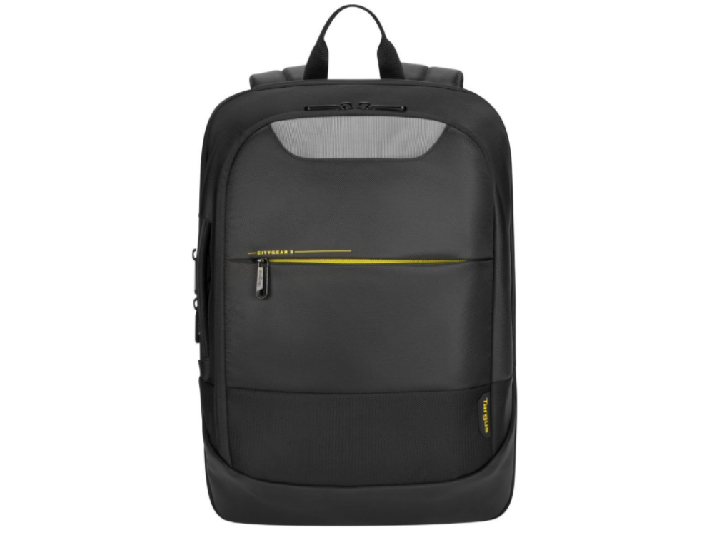 Una mochila negra con detalles amarillos, un asa superior y un bolsillo frontal.