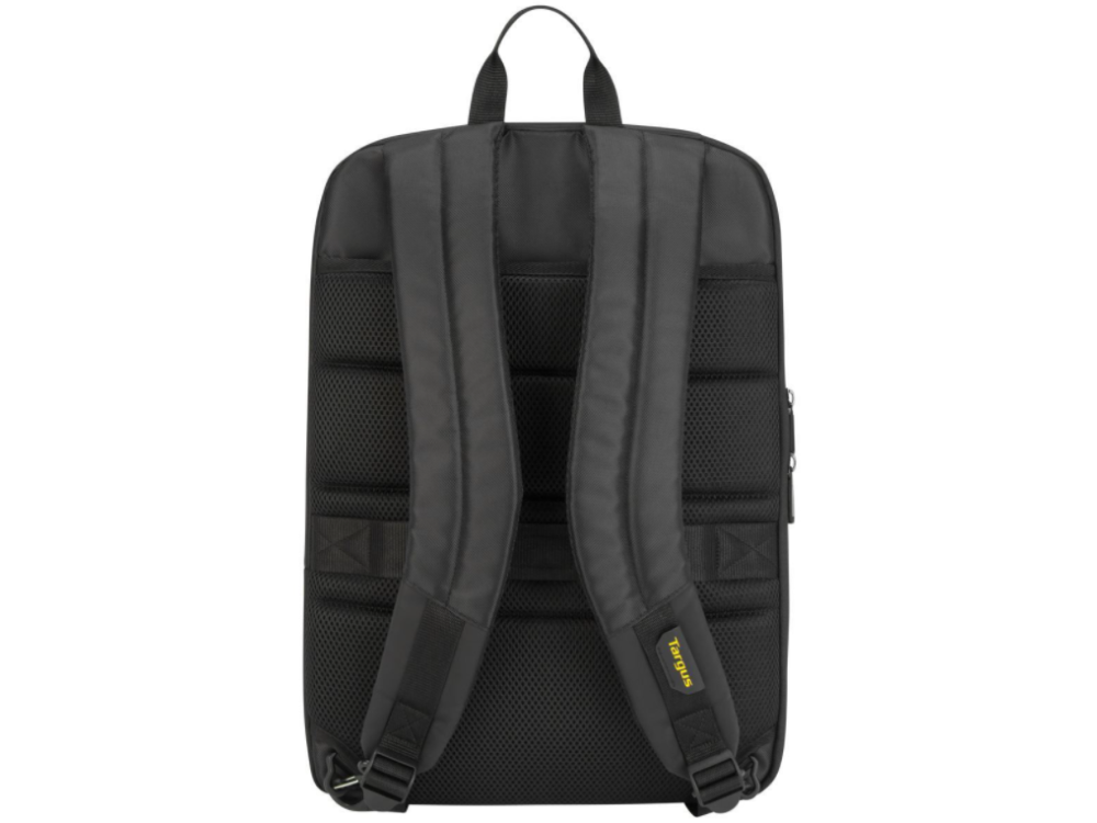 Vista posterior de una mochila negra con dos correas para los hombros y un asa.