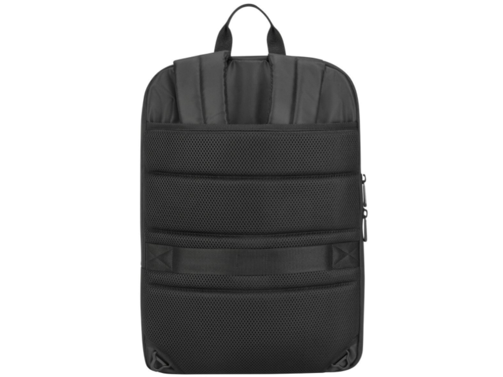 Espalda de mochila negra con malla y correas.