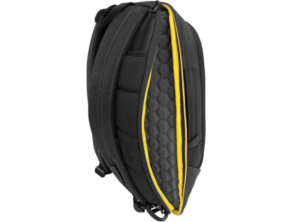 Una mochila negra con cremallera amarilla, vista lateral.