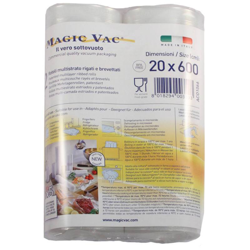 Magic Aco1066 Pack 2 rollos 20 cm 6 libres bpa se puede lavar cocinar usar nevera hervir congelar y descongelar color blanco bolsas envasado 20x600 20x600cm