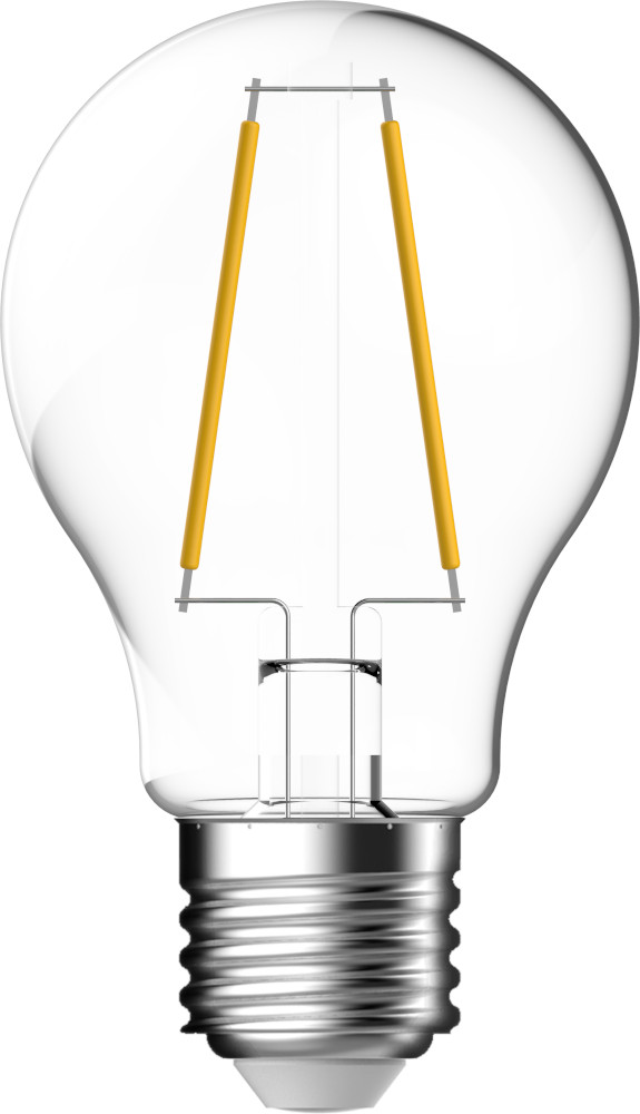A clear lightbulb with yellow filaments and a silver base.