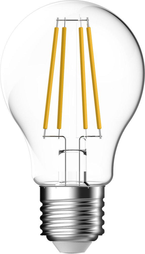 Clear light bulb with a silver base and yellow filaments.