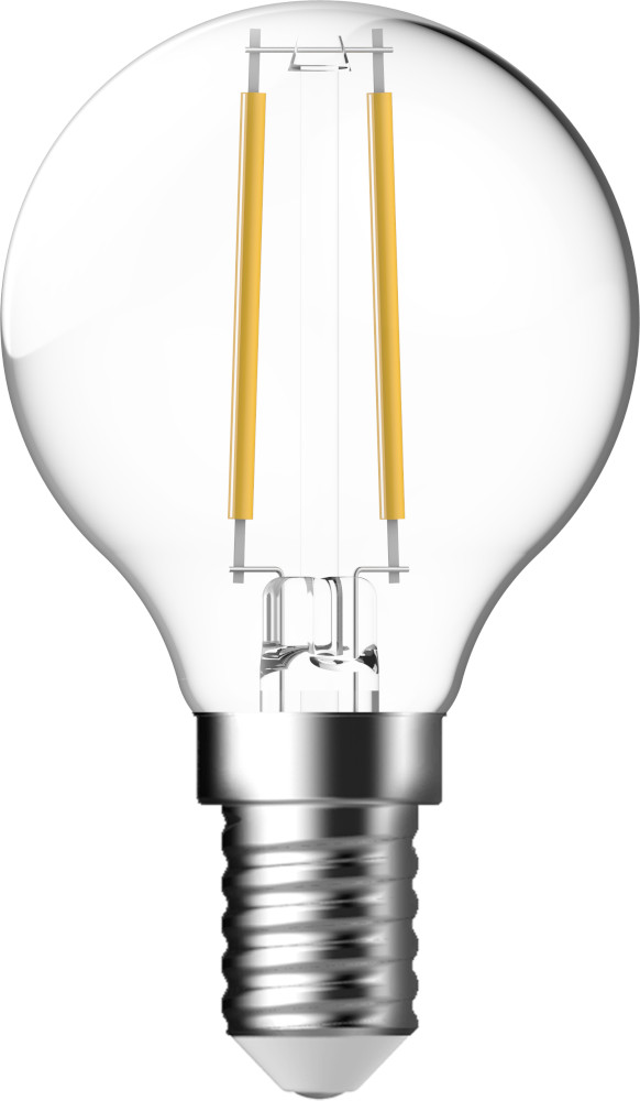 Une ampoule transparente avec deux filaments jaunes, base argentée, isolée sur blanc.