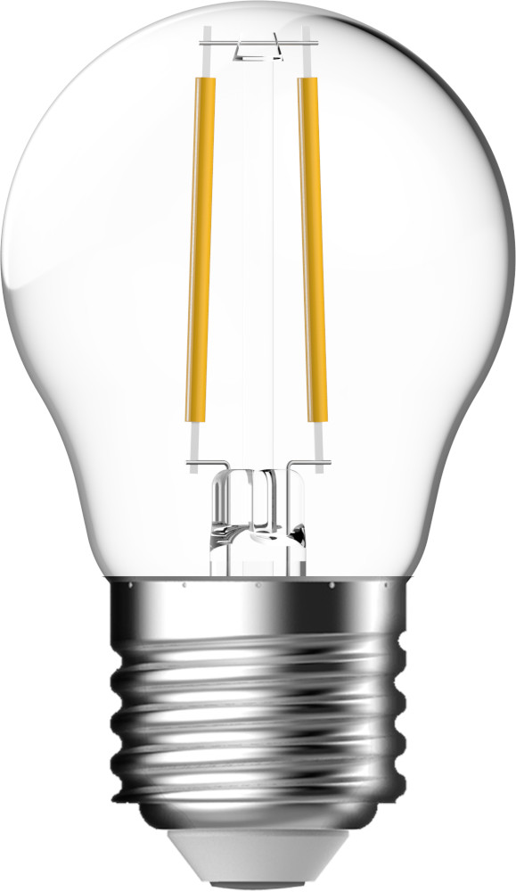 A transparent light bulb with two yellow filaments and a silver base.
