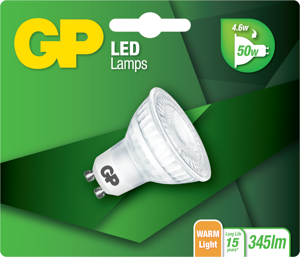 GP LED-lampverpakking. De lamp is wit, met een groene achtergrond en details over de lamp.