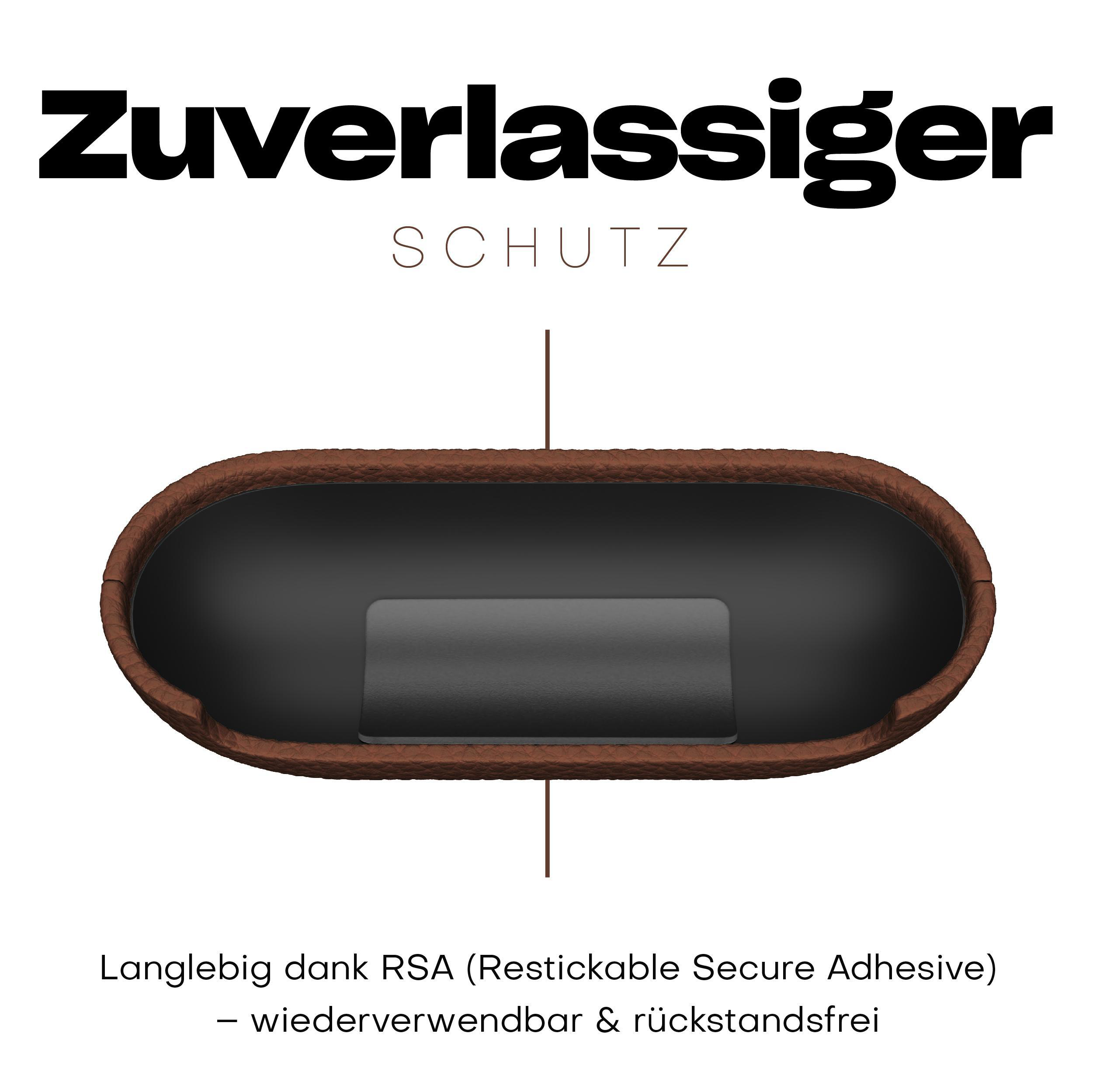 Braunes Gehäuse mit schwarzem Zentrum und dem Text 'Zuverlässiger Schutz'.