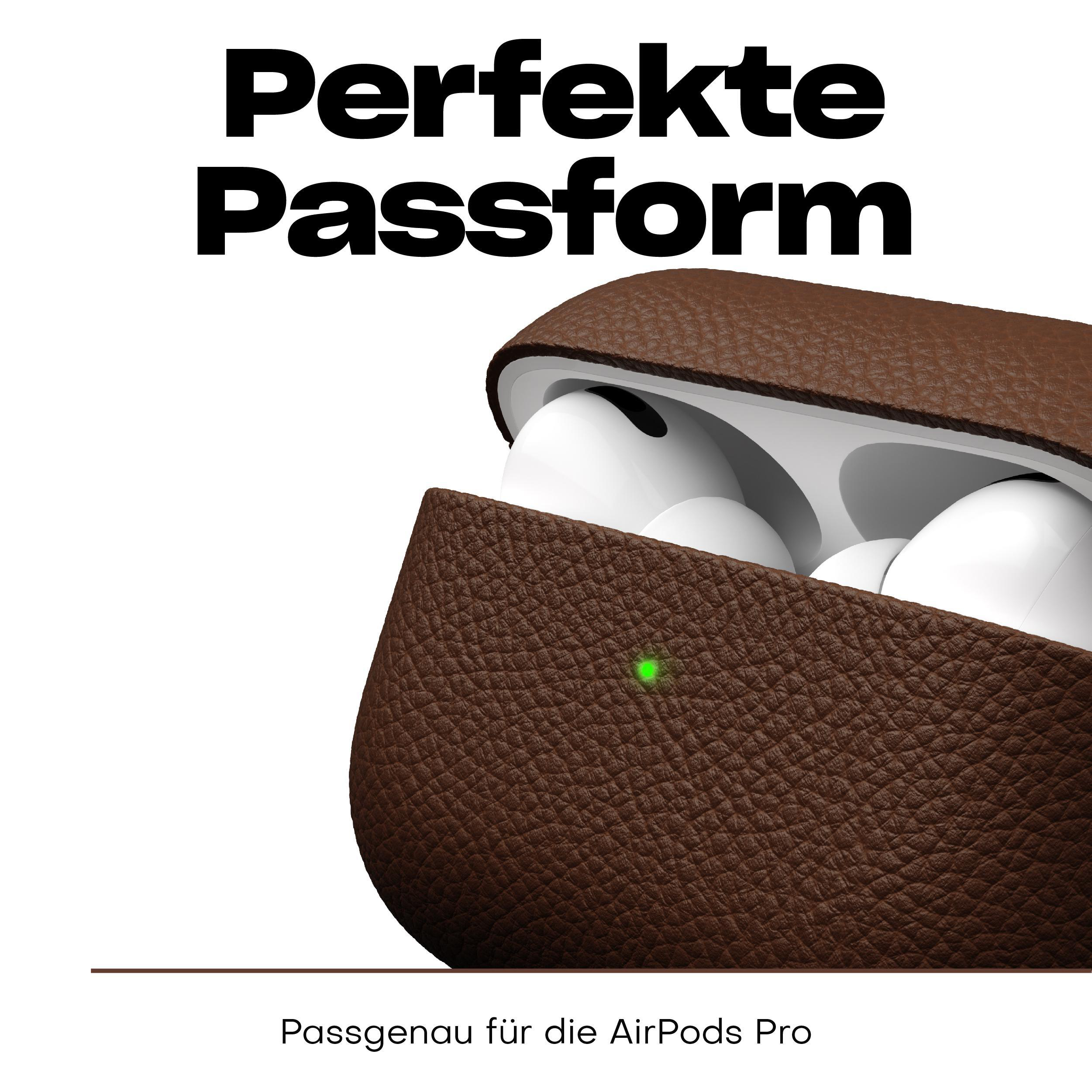 Braunes Leder-AirPods Pro Case, offen, zeigt weiße Ohrhörer. Text: Perfekte Passform.