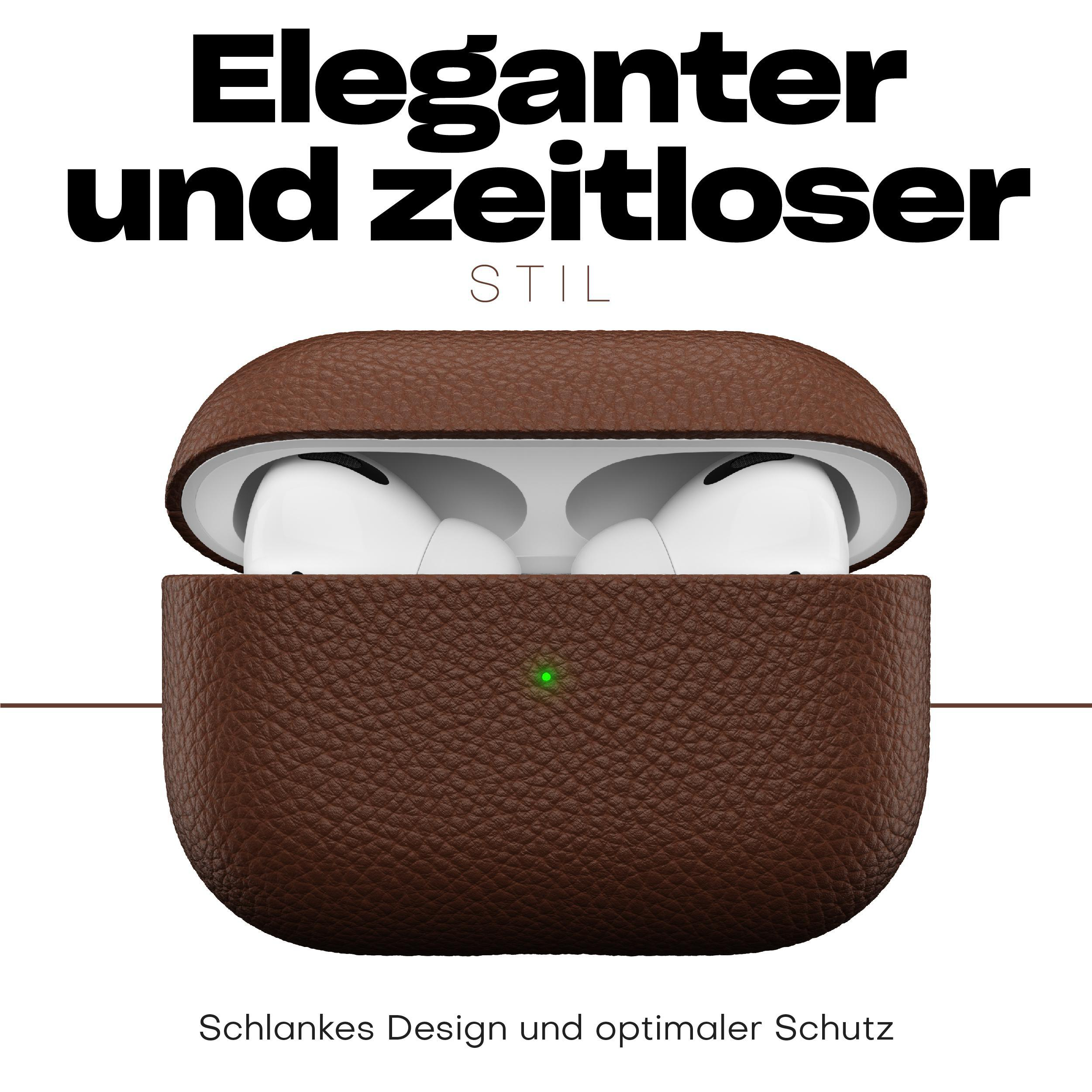 Braunes Leder-AirPods Pro Case, offen, mit AirPods, weißer Hintergrund. Text oben.