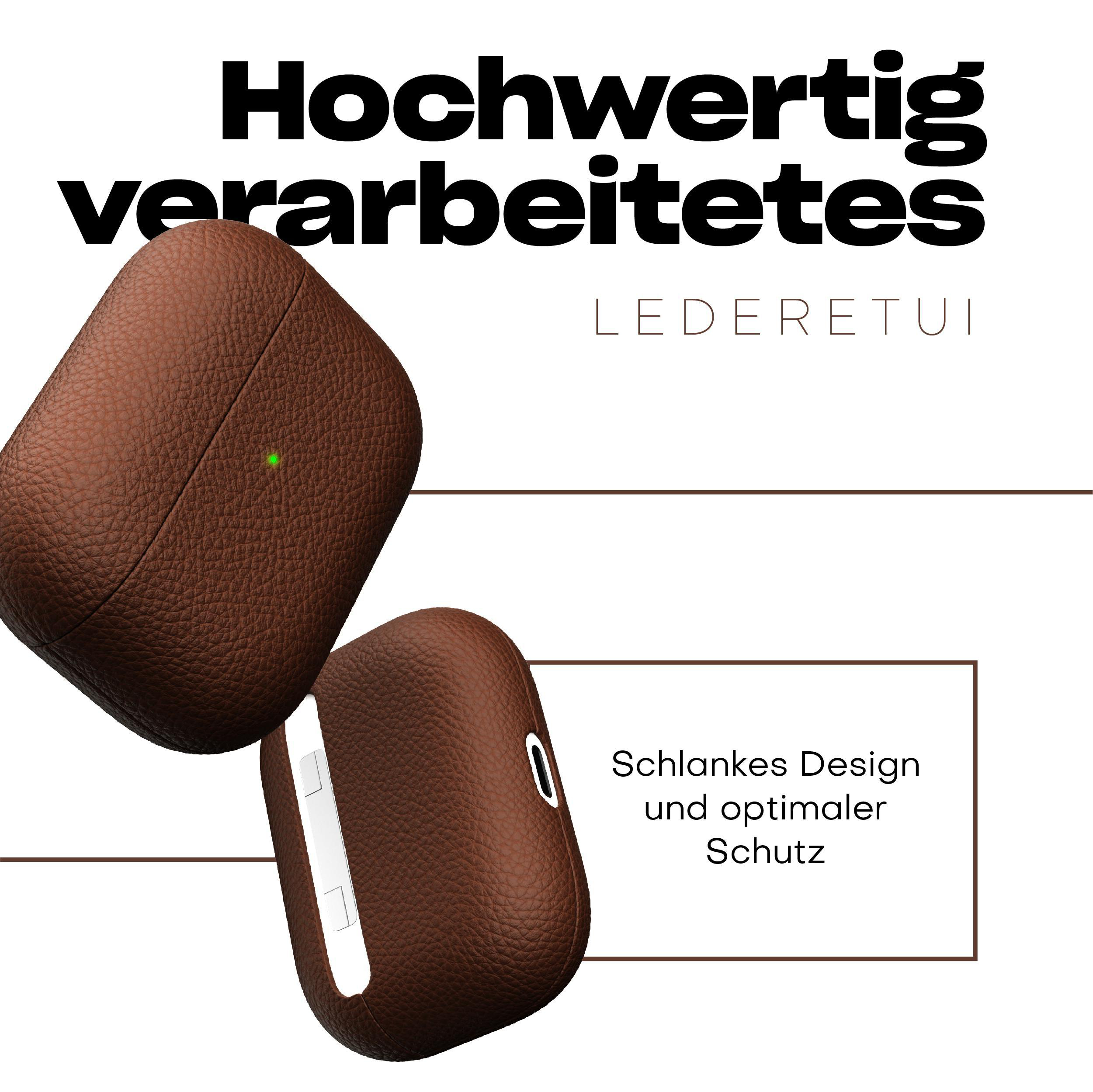 Eine braune Lederhülle für AirPods mit grünem Licht.