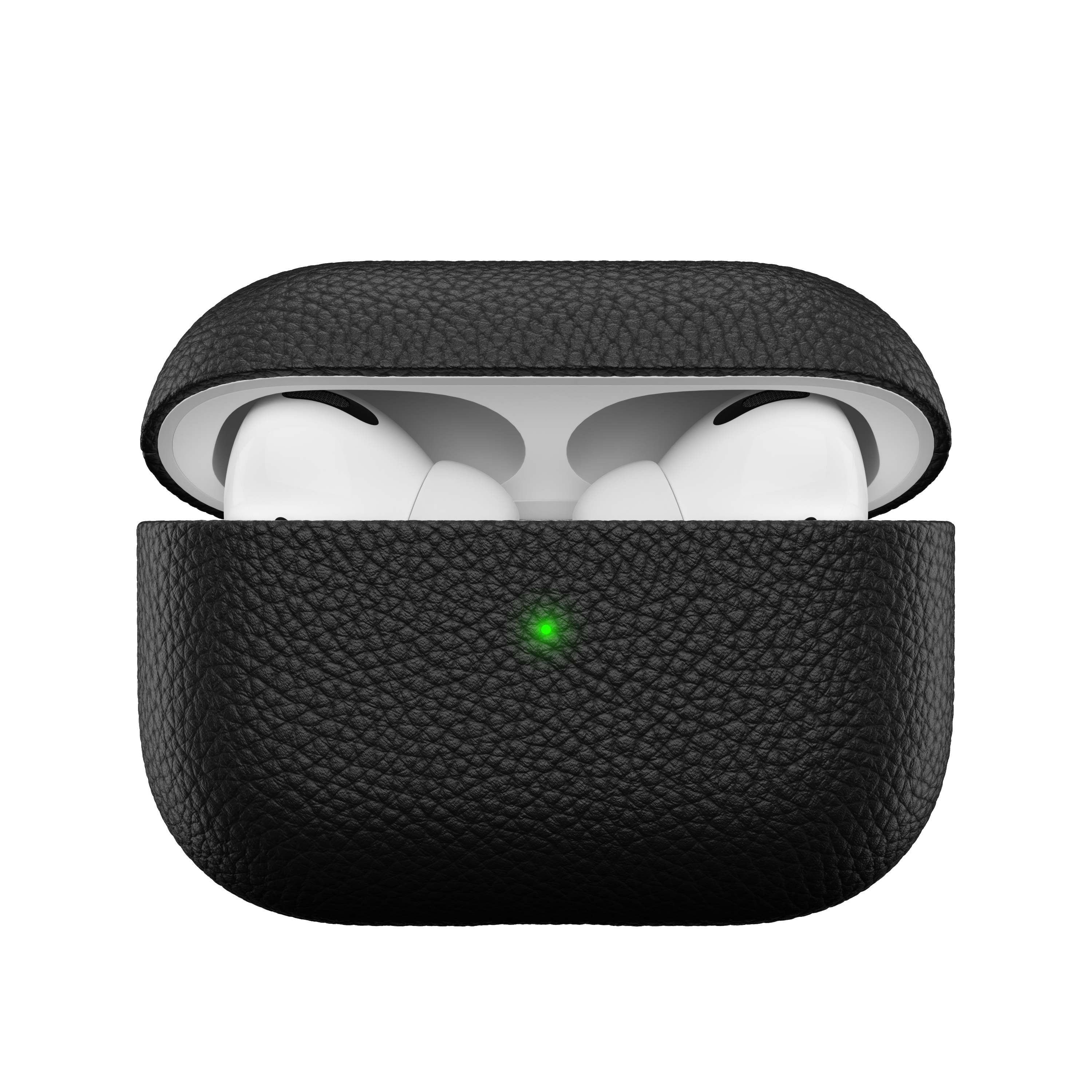 Geöffnete schwarze Leder-AirPod-Hülle, die weiße Ohrhörer zeigt. Grünes Licht sichtbar. Weißer Hintergrund.