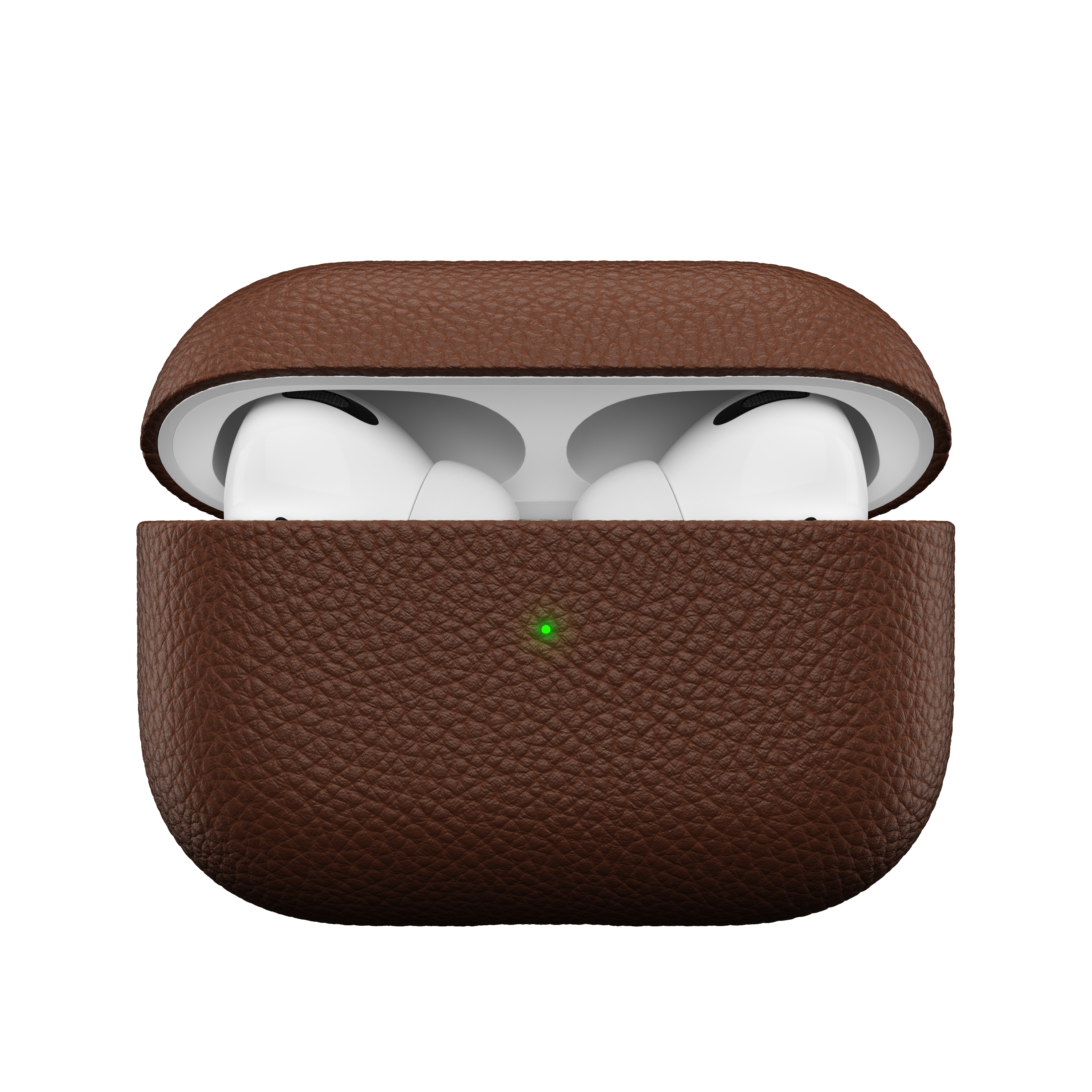 Geöffnete braune Ledertasche mit weißen Ohrhörern. Grünes Licht sichtbar.