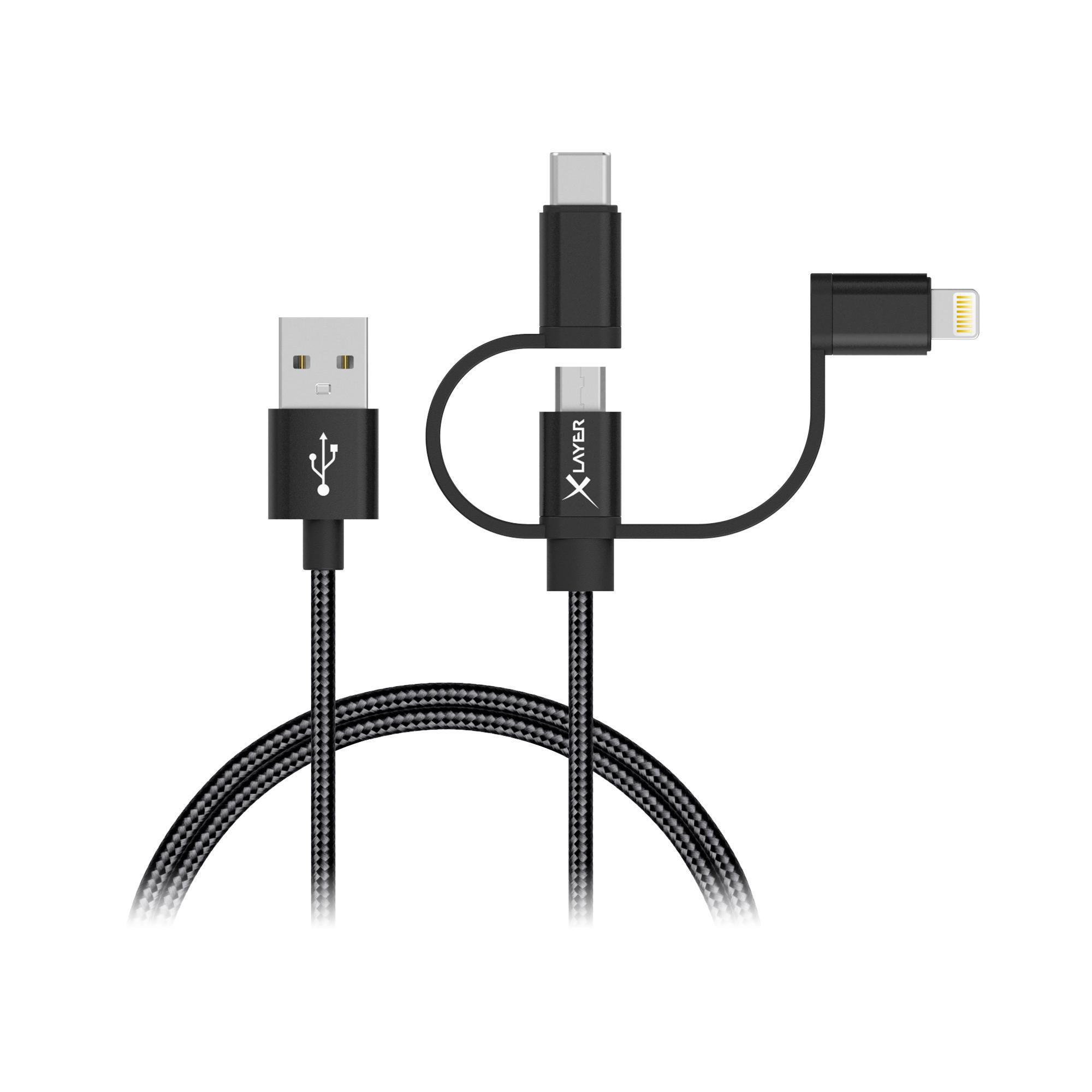 XLAYER Kabel PREMIUM MFI 3-IN-1 m, & Schwarz 1 Micro-USB & Lightning, USB-C Ladekabel