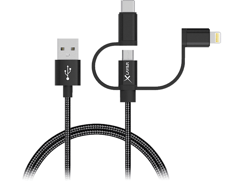 XLAYER Kabel PREMIUM MFI 3-IN-1 USB-C & Micro-USB & Lightning, Ladekabel, 1 m, Schwarz