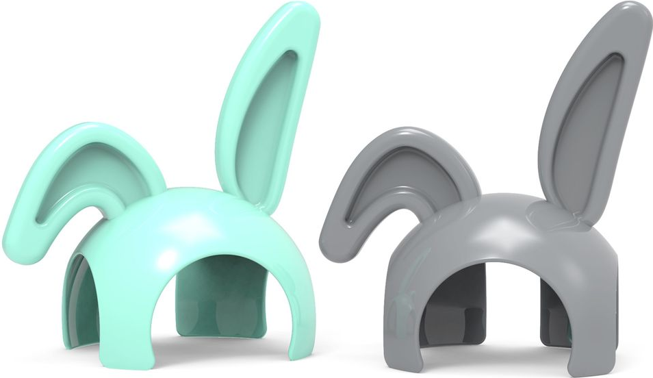 Due cerchietti con orecchie da coniglio, uno menta e uno grigio, su sfondo bianco.