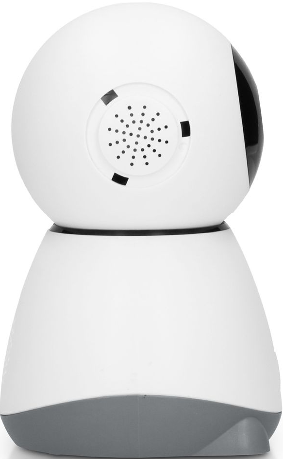 Una telecamera di sicurezza bianca con una testa rotonda e una base a forma di cono; vista posteriore.