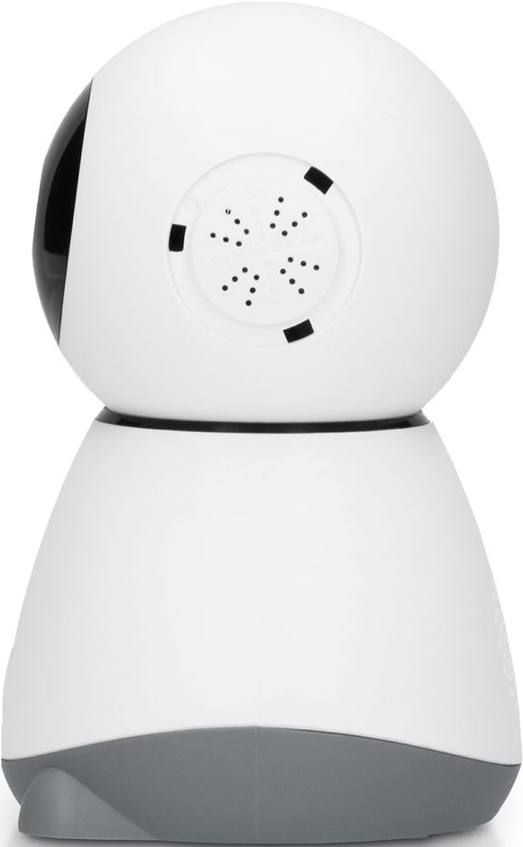 Baby monitor bianco con parte superiore arrotondata. Dettagli neri e base grigia.