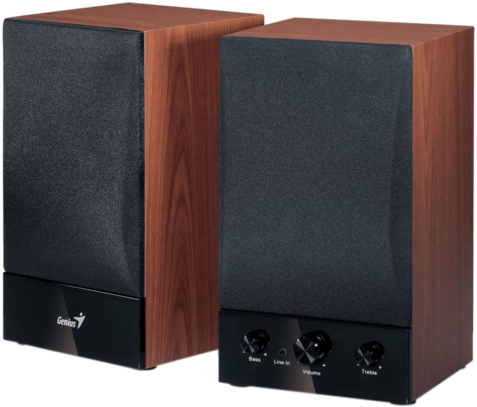 Két fa hangszóró fekete hálós előlappal. Az alján fekete panel található hangerő- és basszus szabályzókkal.