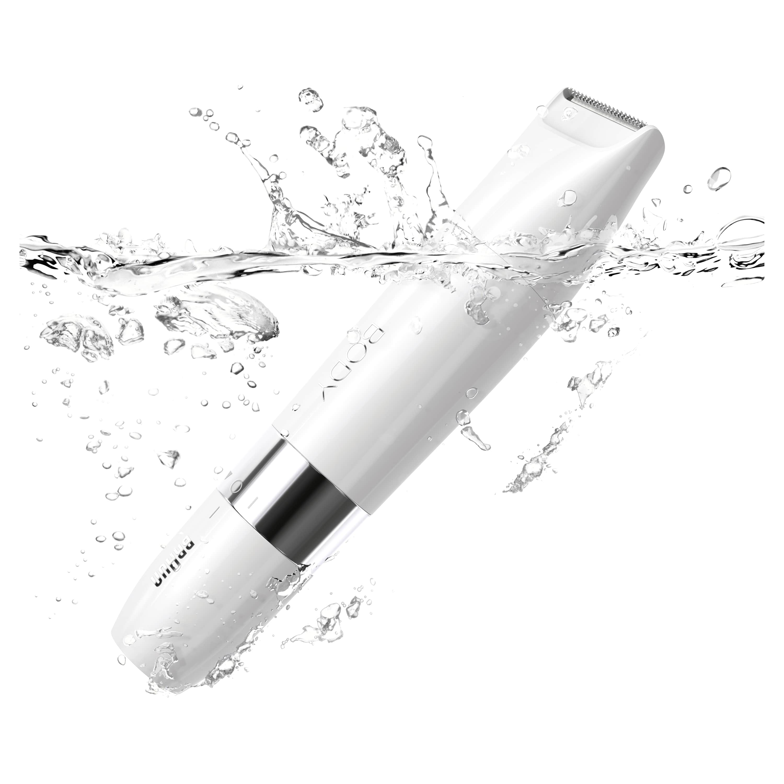 Ein weißer Haarschneider, der in Wasser getaucht ist, mit Blasen und Wasserspritzern um ihn herum.