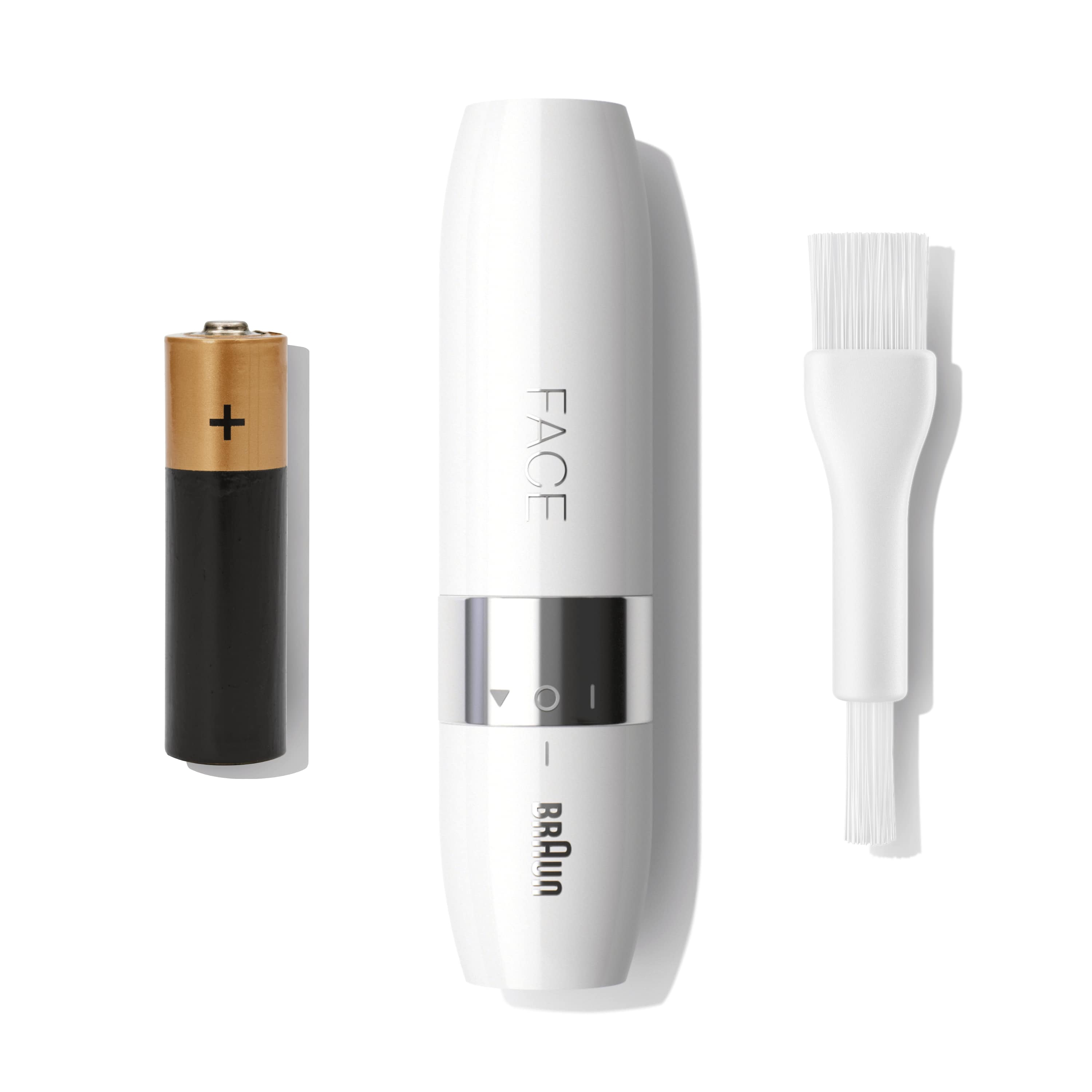 Weißes Braun Face-Gerät mit Batterie und Bürste. Auf dem Gerät steht das Wort FACE.