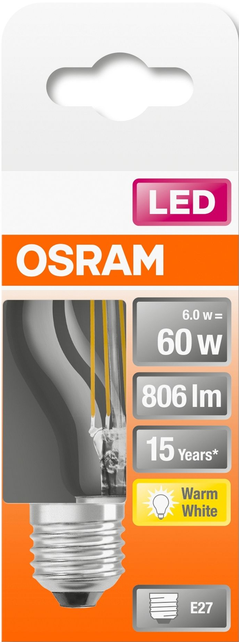 LED-Glühbirne in Verpackung, mit Spezifikationen und Branding.