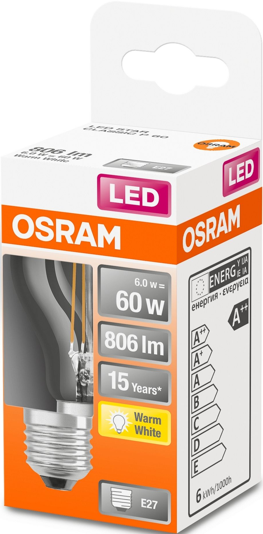 Eine OSRAM LED-Glühbirnenverpackung mit Text und Glühbirne.