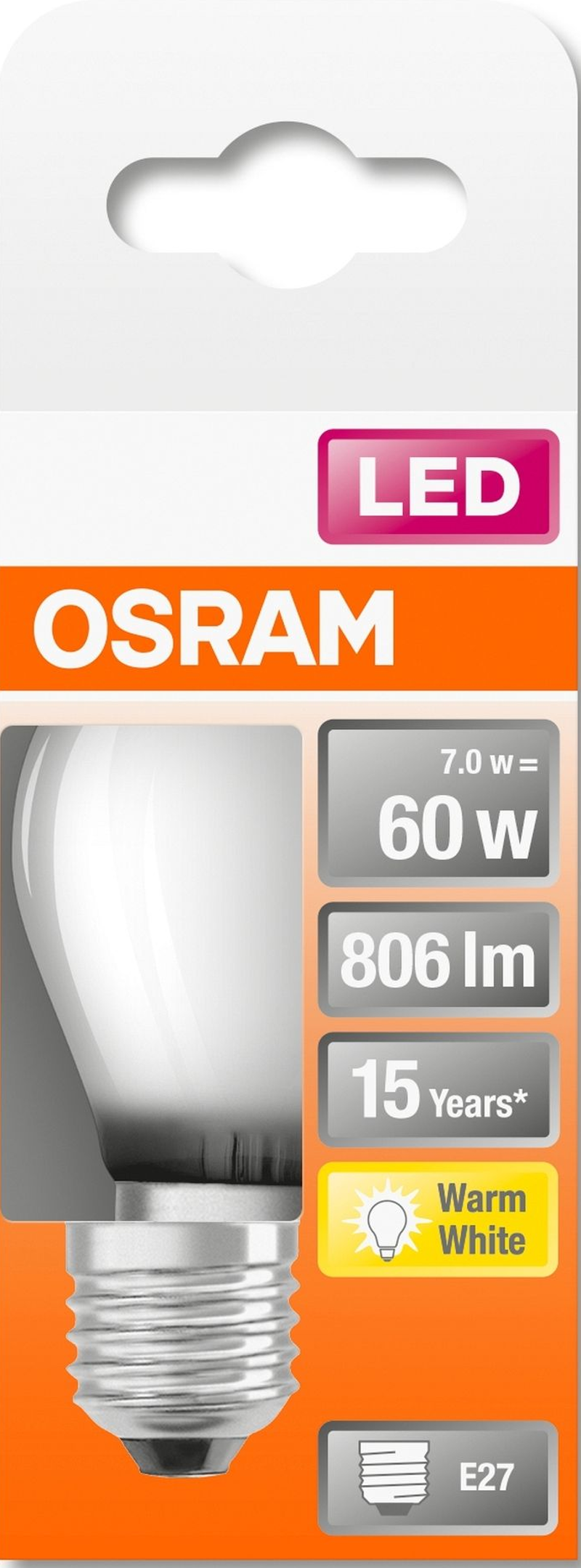 LED-Glühbirnenverpackung mit OSRAM-Marke. Enthält Details zur Lichtleistung.