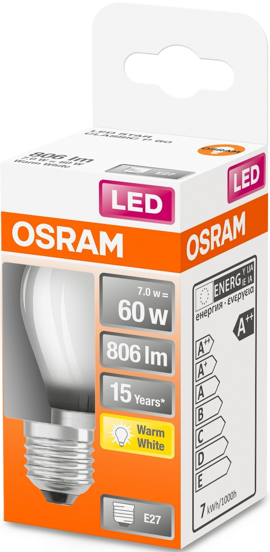 OSRAM LED-Glühbirne in einer Box. Sie ist weiß mit orangefarbenen Details und Energielabels.