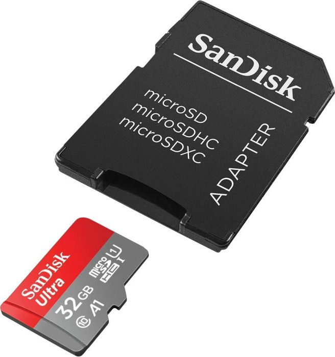 SD-Karte und Adapter. Karte ist rot und schwarz mit weißem Text.