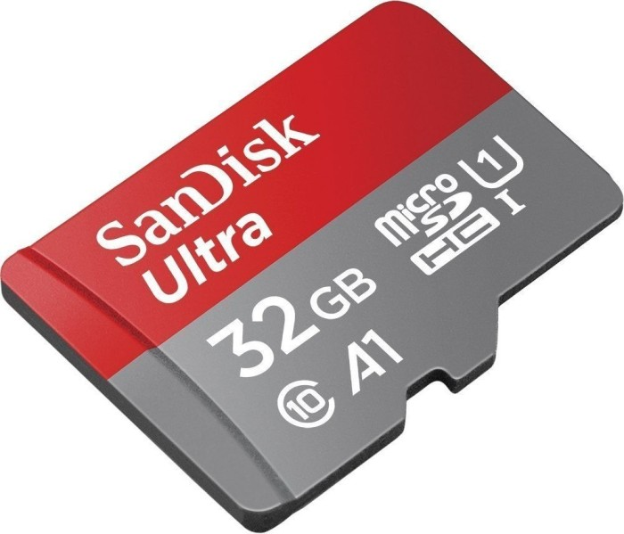 Eine rot-graue SanDisk Ultra 32GB MicroSD-Karte.