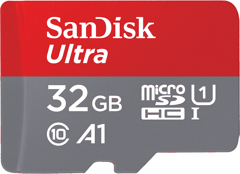 Eine rote und graue SanDisk Ultra Micro-SD-Karte. Text enthält '32 GB' und 'micro SDHC I'.