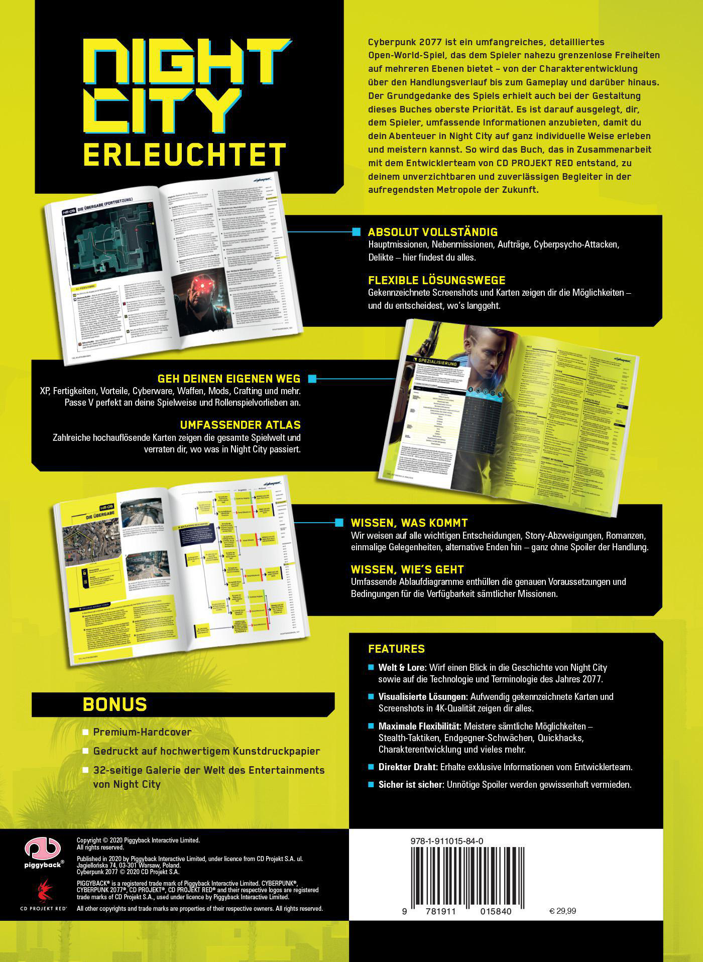 Aufgeschlagenes Buch über Night City, mit Text, Grafiken und einem Bild einer Stadt.