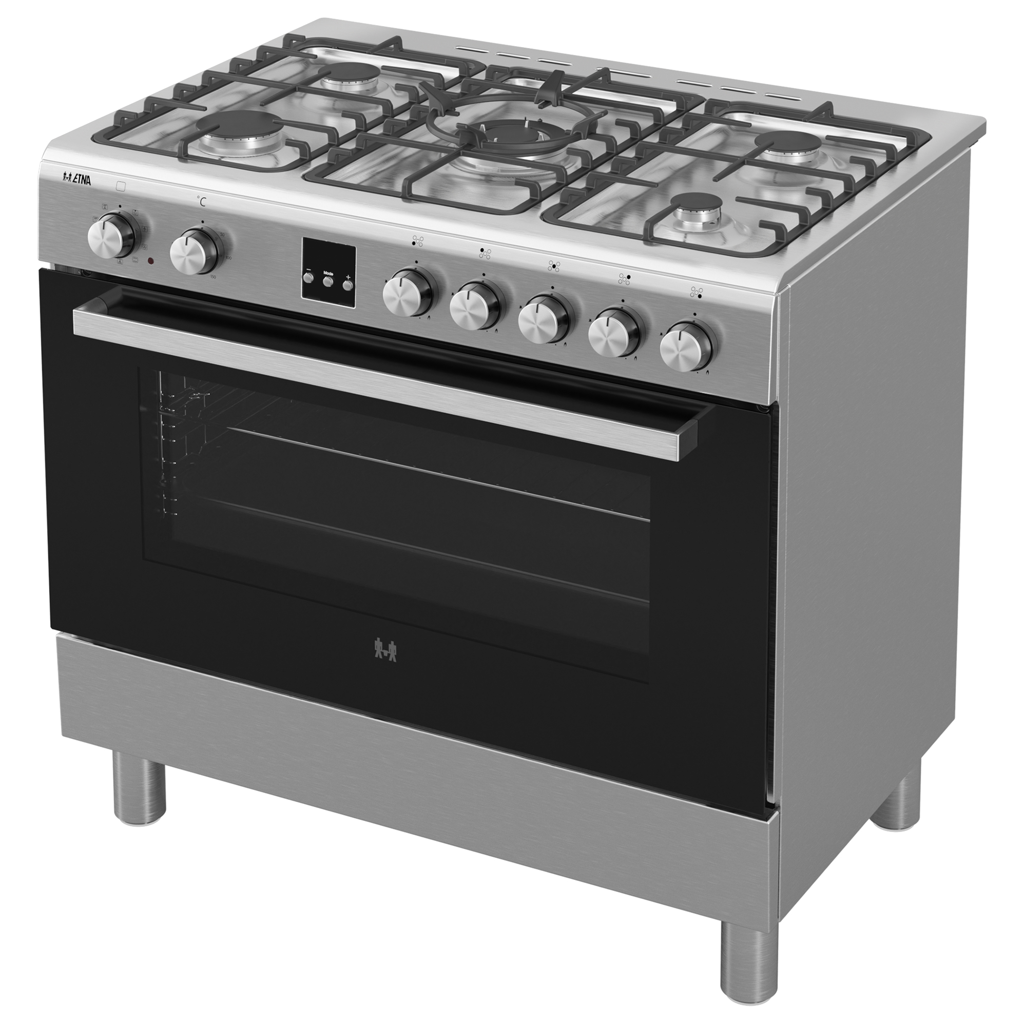 Een roestvrijstalen gasfornuis met vijf branders en een open oven.