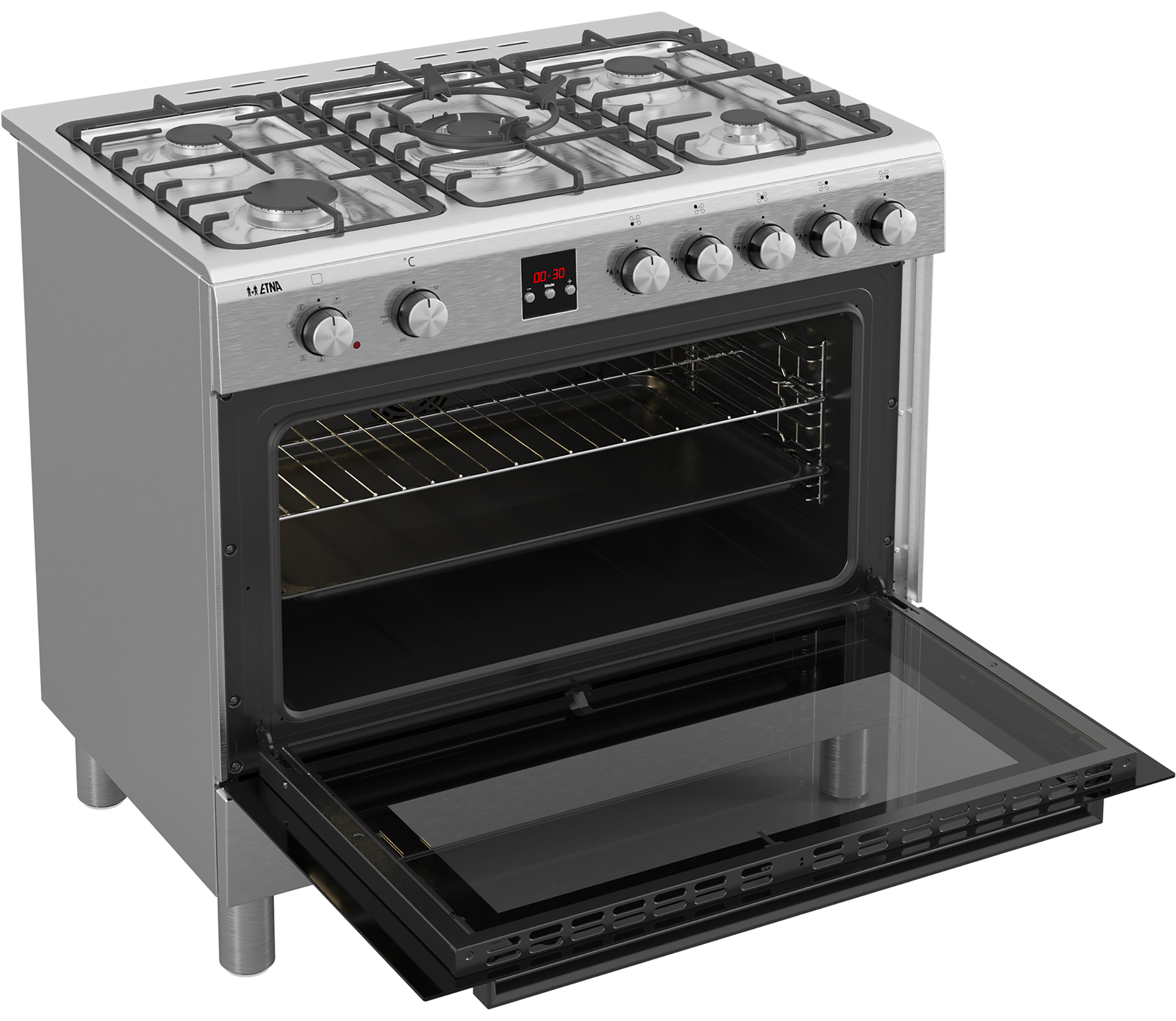 Rvs gasfornuis met oven. Glazen deur open, oveninterieur zichtbaar. Knoppen vooraan.